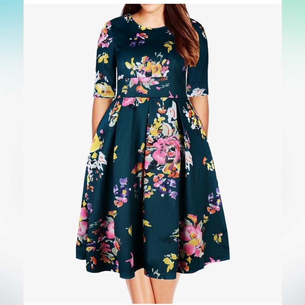 Plus Size Floral 3/4 Sleeve, Pocketed Vintage Dress, size 24